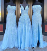 Long Prom Dresses with Applique,8th Graduation Dresses School Dance Sky Blue Formal Dresses